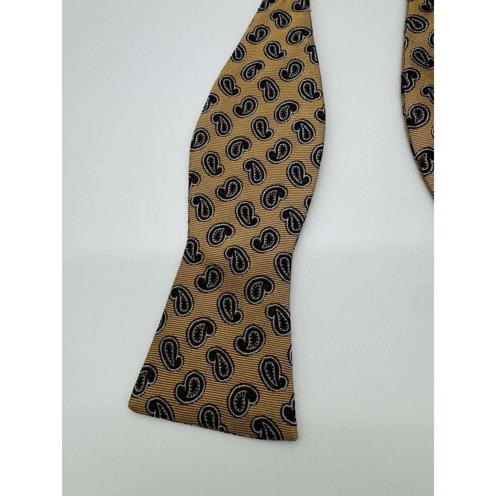 Vintage Silk Self Tie Bow Tie Gold Black Paisley Hand Made USA Adjustable